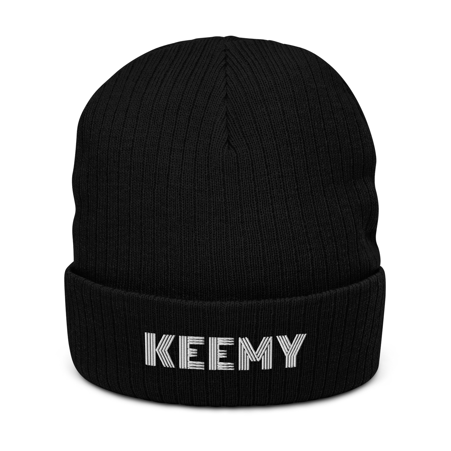 KEEMY White Embroidered  Ribbed knit beanie