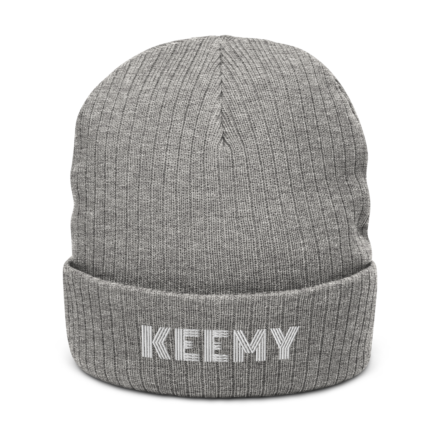 KEEMY White Embroidered  Ribbed knit beanie