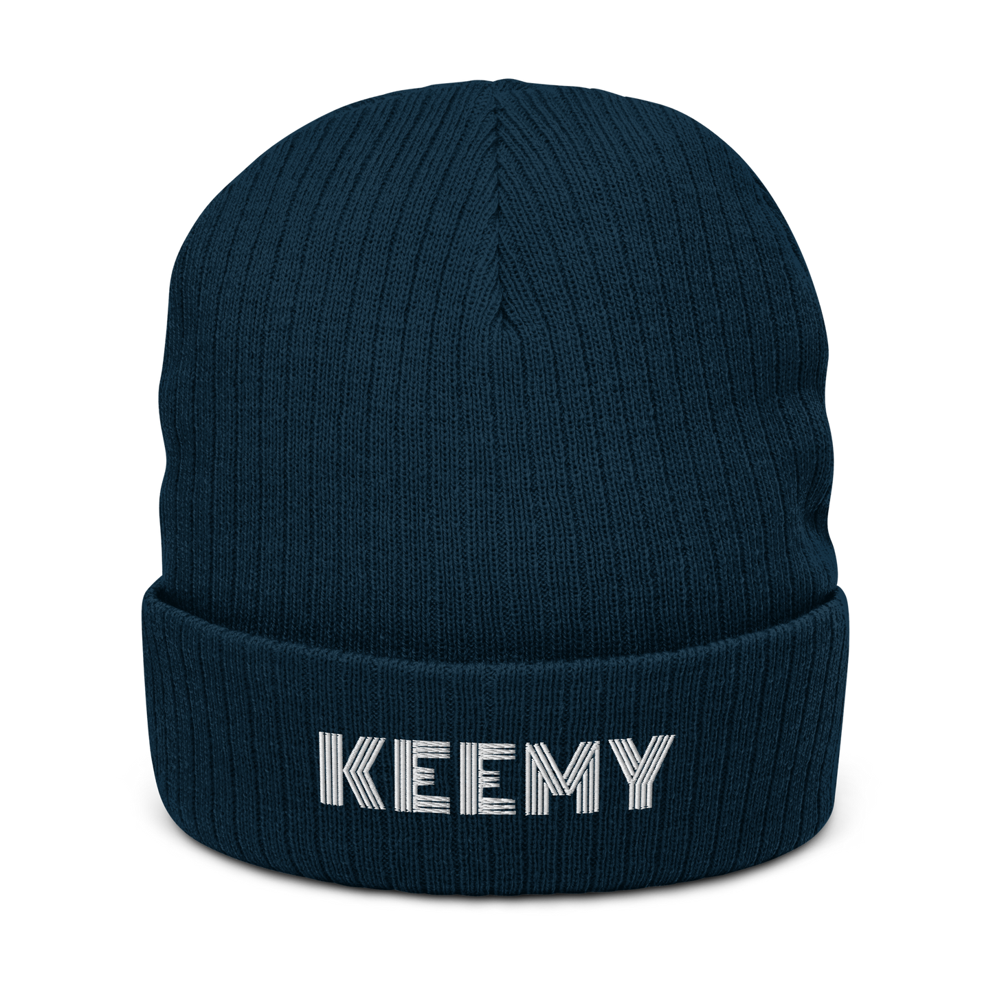 KEEMY White Embroidered  Ribbed knit beanie