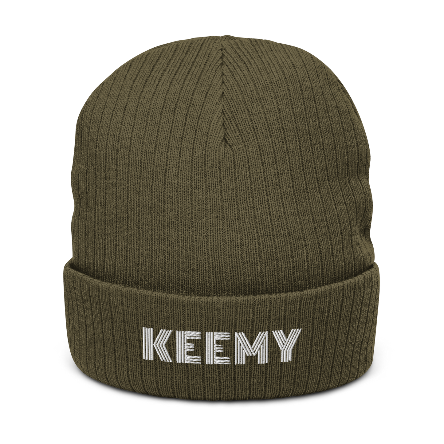 KEEMY White Embroidered  Ribbed knit beanie