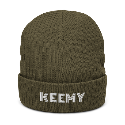 KEEMY White Embroidered  Ribbed knit beanie